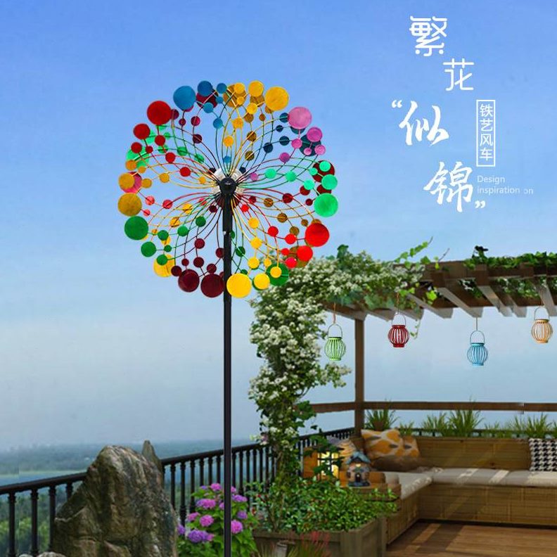 双面彩色铁艺风车模型阳台院子造景庭院落地户外花园装饰摆件旋转