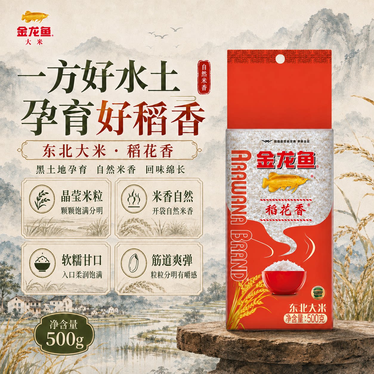 金龙鱼稻花香东北黑土大米500g一袋便携小包装家用煲粥焖饭便携