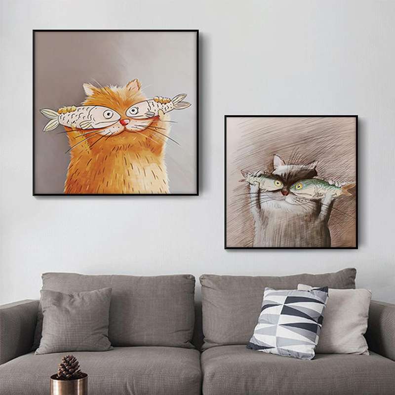 猫与鱼 现代简约风格客厅装饰画玄关卧室壁画可爱萌宠猫猫挂画图片