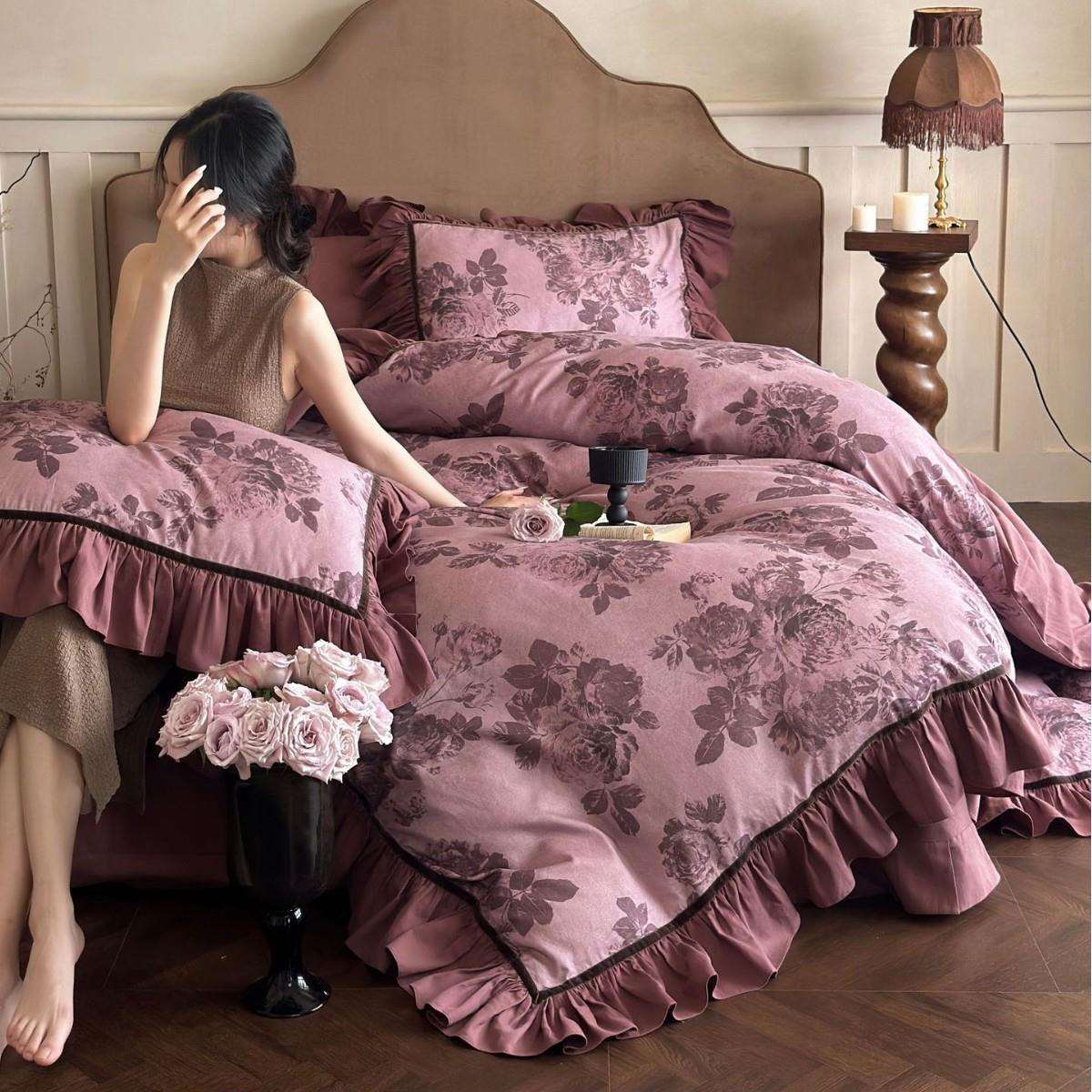 A类秋冬复古全棉磨毛四件套荷叶边床单床裙款加厚保暖1.8m床上品