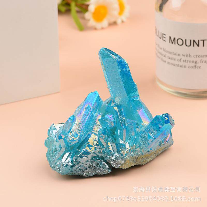 厂家镀彩水晶簇天然白水晶簇原石电镀彩色晶簇工艺品装饰摆件