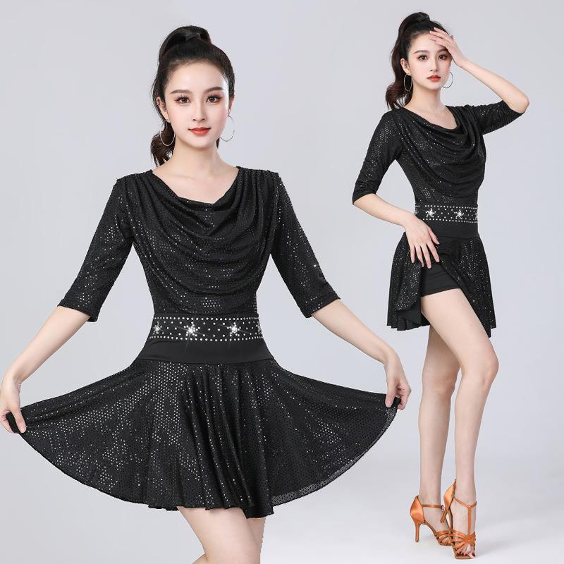 拉丁舞服装新款亮片套装钻短裙三步踩跳舞服吉特巴广场舞摩登舞服