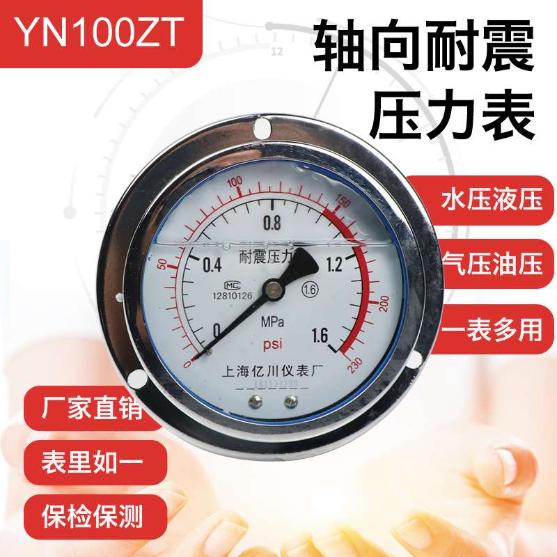 yn100zt轴向带边耐震压力表0-0.6/1.6/25/40/60mpa背接面板式安装