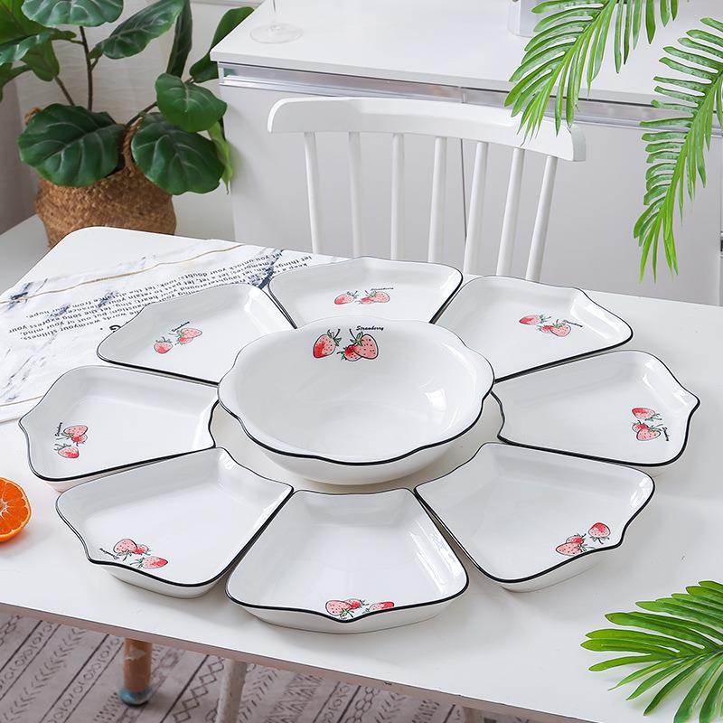 创意陶瓷拼盘套装可爱草莓盘家用菜盘子团圆餐具花边扇形盘组合