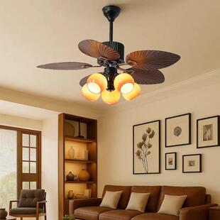 餐厅风扇灯法式中古南洋风大厅芭蕉叶吊扇灯美式复古客厅灯具