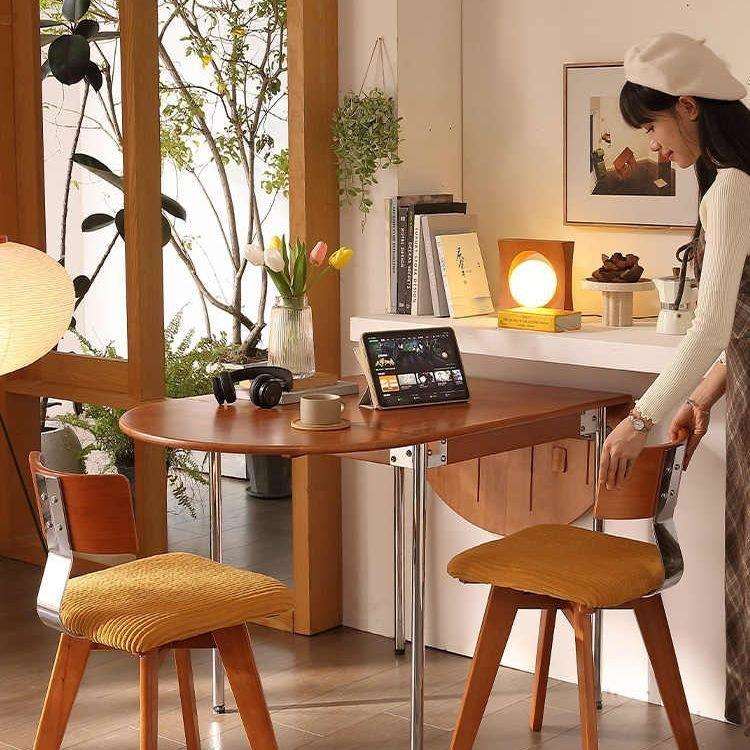 可折叠北欧简约餐桌家用复古小户型餐桌椅组合饭桌实木桌子伸缩