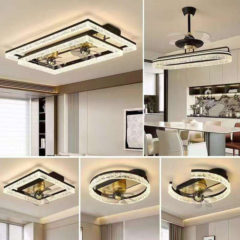 现代轻奢风扇灯客厅吸顶灯全光谱大气冰裂纹摇头电扇灯一体卧室灯