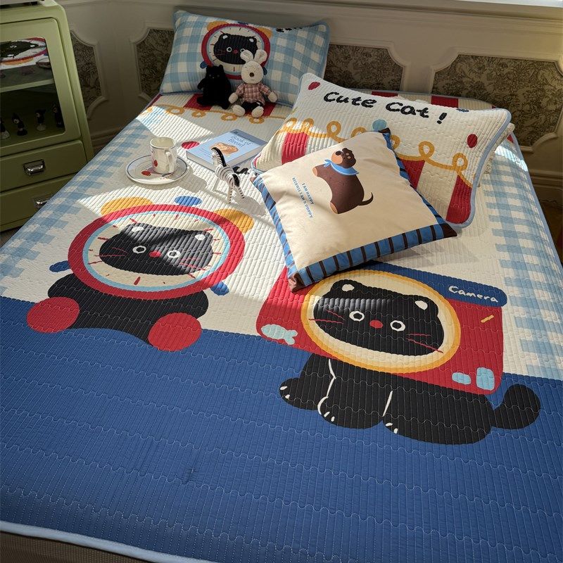 卡通凉感果冻凉席奇趣小猫s蓝色床笠夏凉席空调席1.5m1.8米三件套