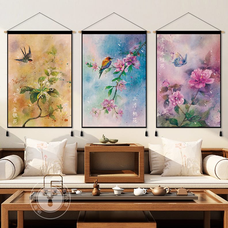 客厅墙面装饰花布艺入户挂画布画现代走廊过道玄关鸟挂布背景布图片