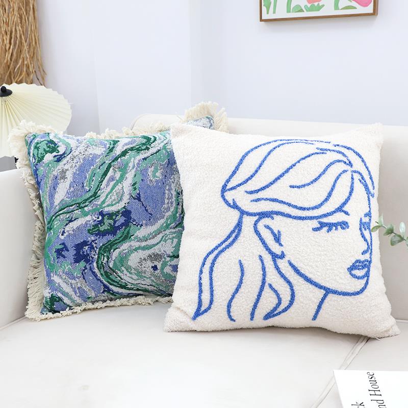 1VPR艺术蓝流苏抱枕套民宿样板间靠垫套客厅沙发床上靠枕飘窗腰靠