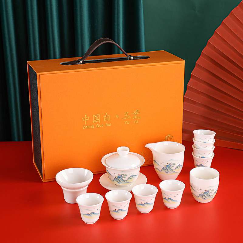 小清新德化白瓷茶具套装中式陶瓷羊脂玉瓷送礼办泡茶盖碗茶杯整套