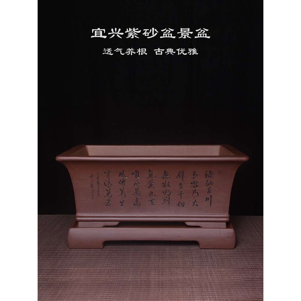 紫砂长方形盆景盆手工原矿加高大号紫色马槽盆栽透气花盆