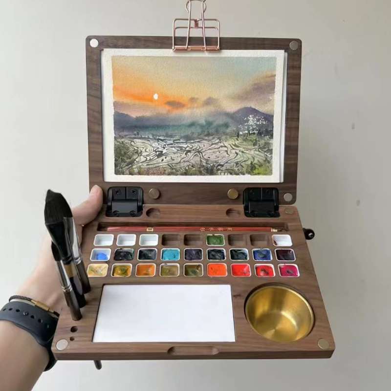 现货木质调色盘可折叠式调色盘户外旅行美术生木制油画水彩颜料盒