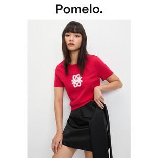 针织上衣 刺绣显瘦通勤易搭打底短袖 Pomelo 氛围感红色短袖