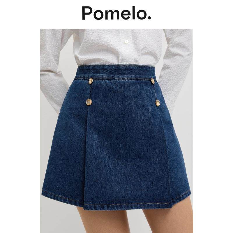 Pomelo 易搭金扣牛仔半身裙深蓝色高腰显瘦小个子a字辣妹风短裙