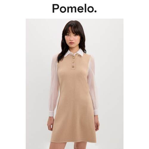 Pomelo 温柔风衬衫领网纱袖设计感小众收腰显瘦针织连衣裙