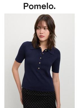 Pomelo 藏青色气质优雅休闲三分袖针织Polo衫女
