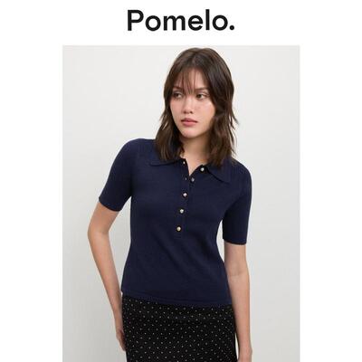 Pomelo 藏青色气质优雅休闲三分袖针织Polo衫女