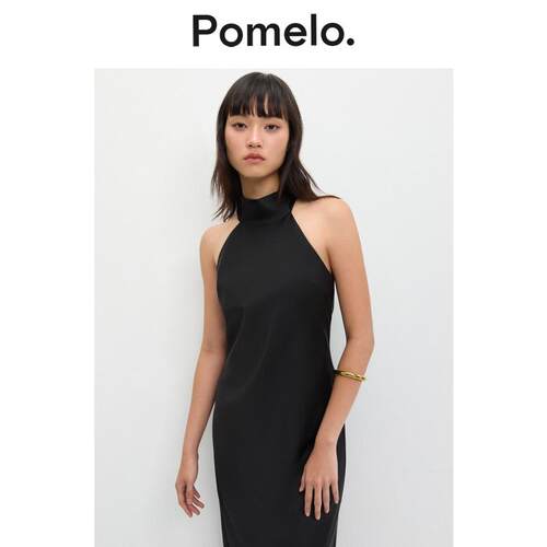 Pomelo 气质挂脖无袖连衣裙修身显瘦长款度假小黑裙女