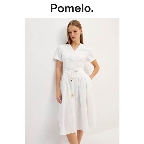 Pomelo 法式V领长裙女系带收腰显瘦中长款休闲度假衬衫式连衣裙