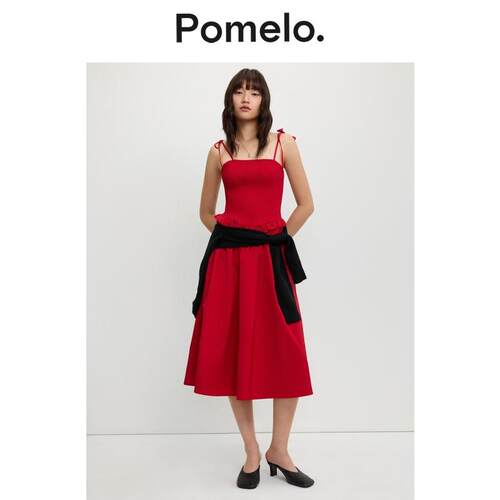 Pomelo 红色吊带连衣裙法式收腰荷叶边气质度假风连衣裙女