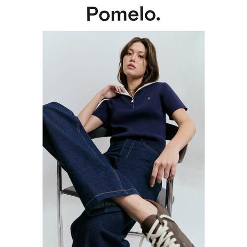 Pomelo 短款罗纹Polo衫拉链翻领Logo刺绣短袖T恤衫