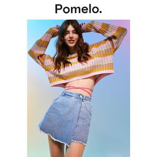 女 辣妹风假两件A字显瘦浅蓝色短裤 Pomelo 牛仔裙裤