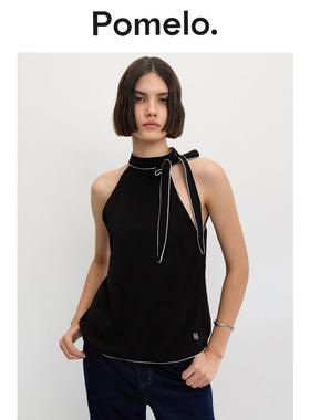 Pomelo 对比撞色系带挂脖上衣 - 黑色