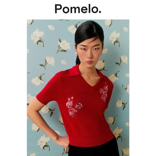 Pomelo 优雅风翻领针织衫女花卉刺绣装饰气质显瘦易搭短袖上衣女