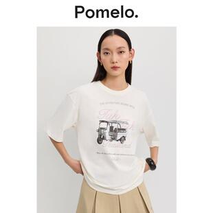 Pomelo 上衣女 通勤风米白色印花T恤圆领宽松显瘦休闲易搭短袖
