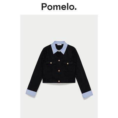 Pomelo 小香风短款外套女新款撞色翻领粗花呢上衣气质名媛风夹克