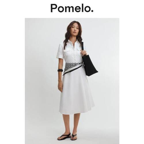 Pomelo 2026年夏季新品系带中长款女士短袖白色翻领衬衫式连衣裙