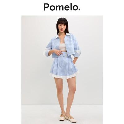 Pomelo 高腰休闲褶饰浅蓝色条纹撞色设计短裤女