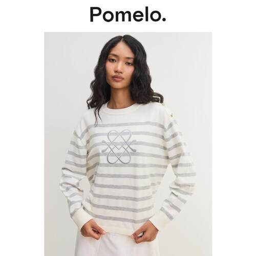 Pomelo 条纹肩部纽扣针织上衣 - 浅灰色