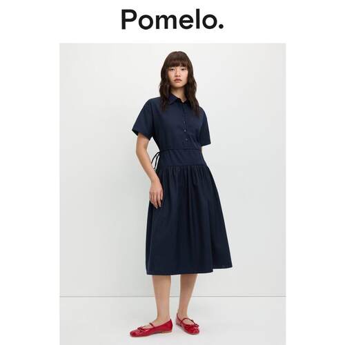 Pomelo 通勤风衬衫裙女新款藏青色抽绳收腰显瘦 A 字中长款连衣裙