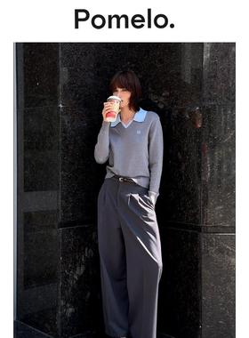 Pomelo V领层次设计针织毛衣 - 中灰色