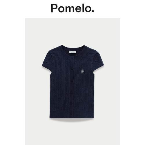 Pomelo 甜辣风针织衫坑条圆领修身显瘦短袖针织上衣女