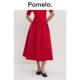 饰侧口袋红色A字半身裙 高腰遮肉显瘦蝴蝶结装 新年系列 Pomelo