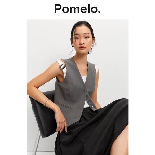 Pomelo 法式通勤风马甲女灰色 V 领金属扣气质易搭叠穿马甲背心