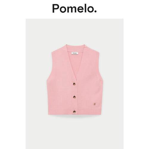 Pomelo 减龄风粉色V领背心女短款金属扣剪裁显瘦通勤易搭针织马甲