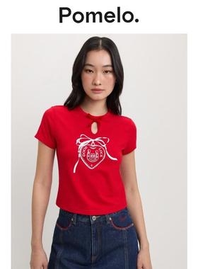 【新年系列】Pomelo 甜美风红色蝴蝶结镂空设计感短款T恤