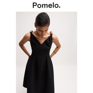 连衣裙 设计感肩带气质名媛风A字中长款 Pomelo V领收腰连衣裙新款