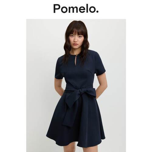 Pomelo 气质风收腰连衣裙女蝴蝶结系带显瘦通勤易搭A字迷你连衣裙