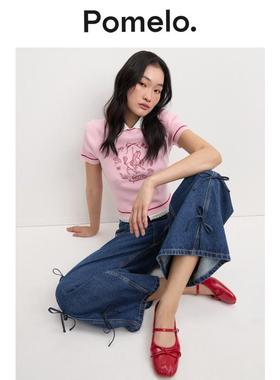 【新年系列】Pomelo复古粉红色马年刺绣蝴蝶结装饰短袖针织衫上衣