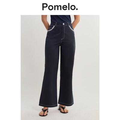 Pomelo 26夏季新品女士蓝色带孔眼饰边休闲裤长裤阔腿裤
