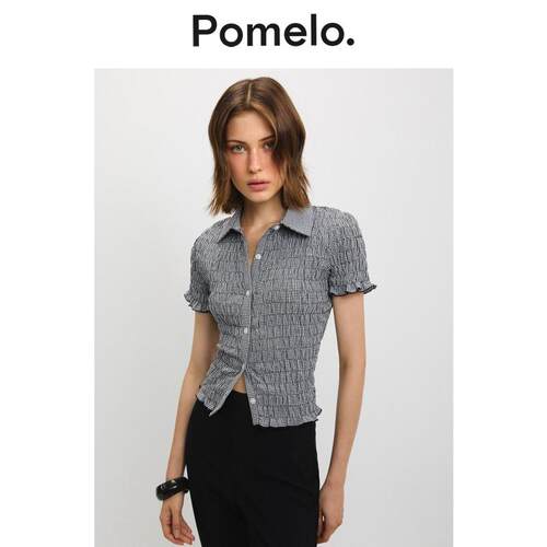 Pomelo 小众设计感格纹针织衫收腰显瘦短袖辣妹风针织短袖上衣