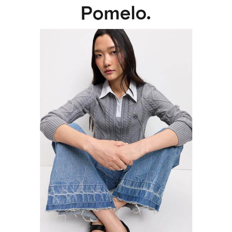 Pomelo 通勤风麻花针织衫假两件Polo领宽松显瘦学院风针织衫秋冬