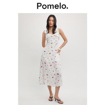 Pomelo 荷叶边饰边波点中长连衣裙 - 白色