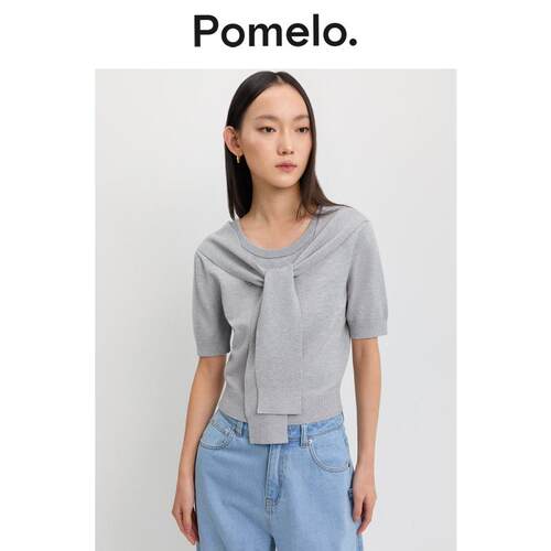 Pomelo 假两件系带领淑女气质亲肤透气短袖针织上衣女