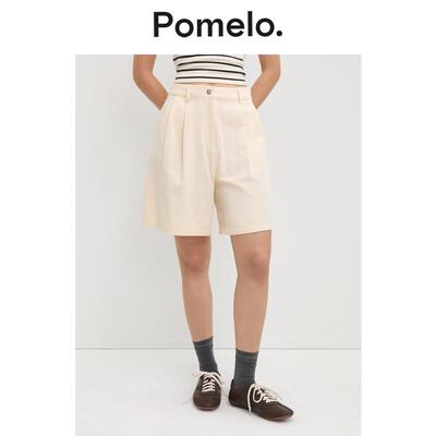 Pomelo 温柔风米白百慕大短裤新款高腰宽松显瘦通勤短裤女
